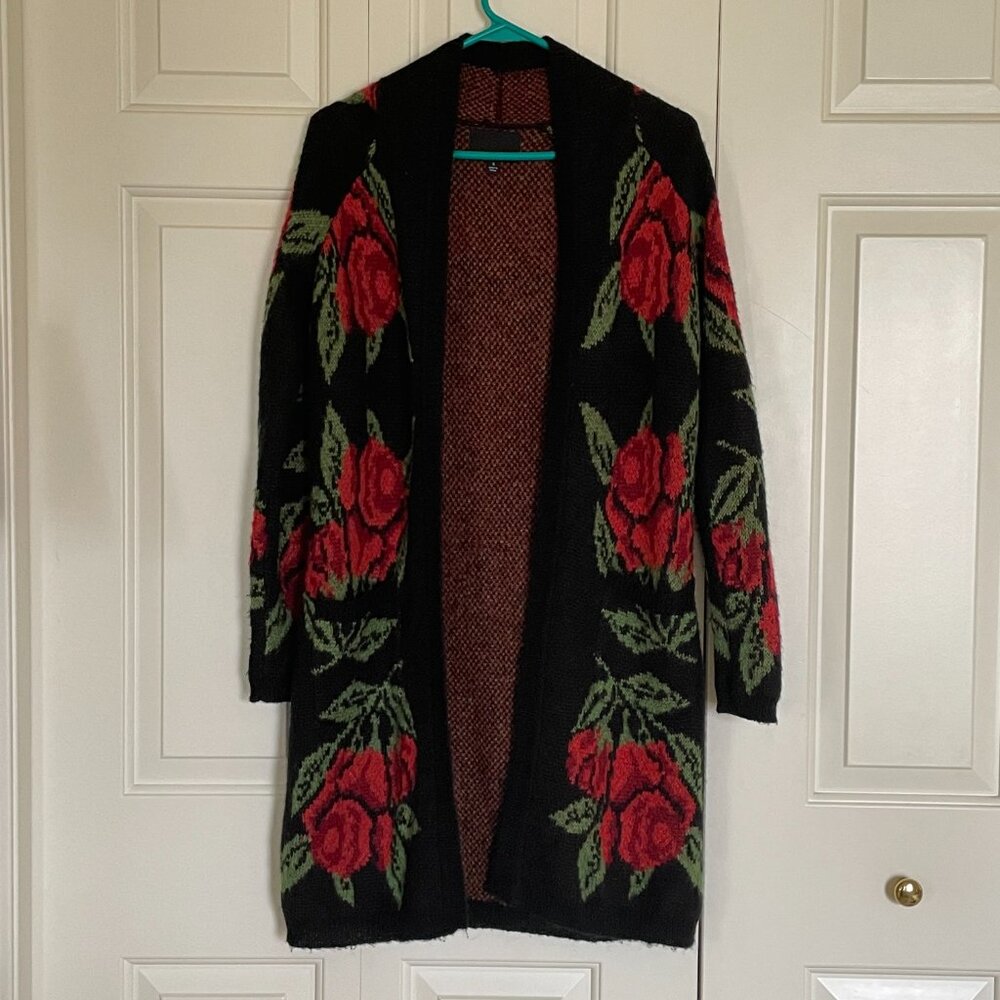 Cynthia Rowley Long Knit Open Cardigan with Rose Floral Design in Small